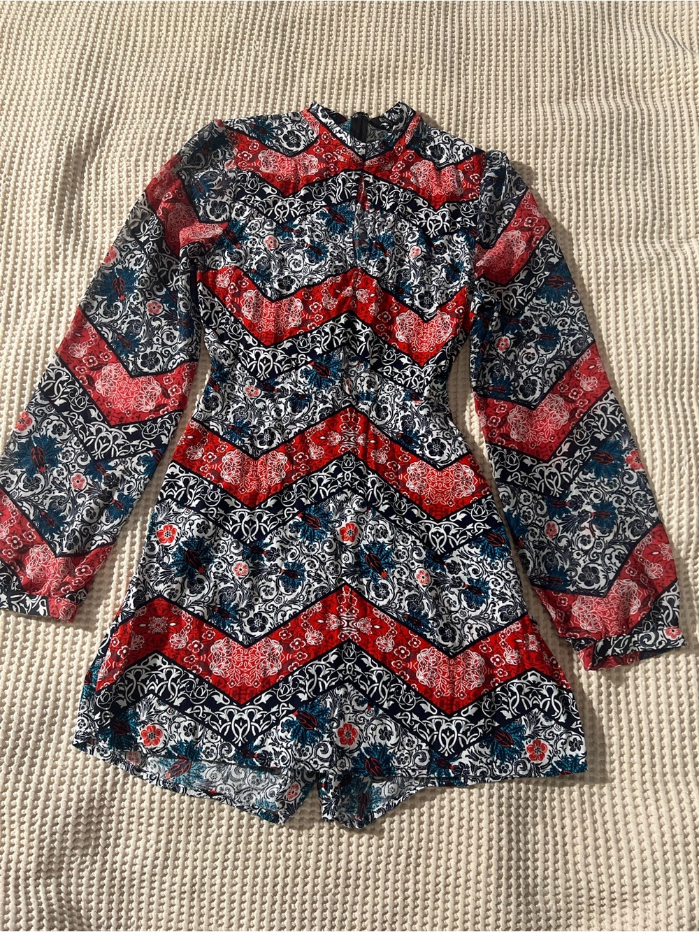 Express Red Navy & White Chevron Floral Long-Sleeve Romper